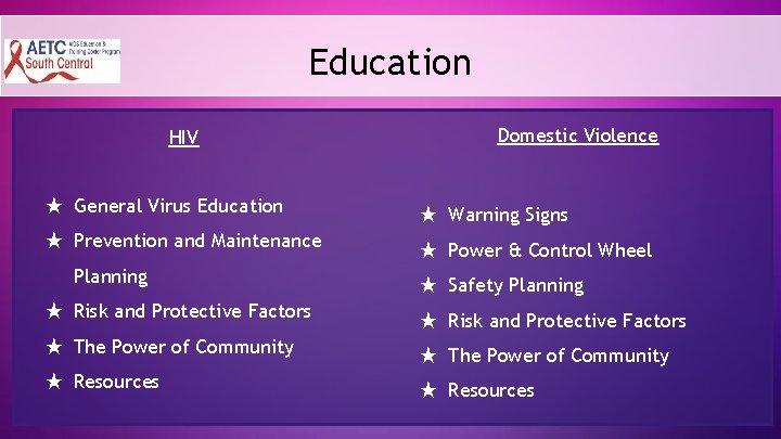 Education HIV Domestic Violence ★ General Virus Education ★ Warning Signs ★ Prevention and