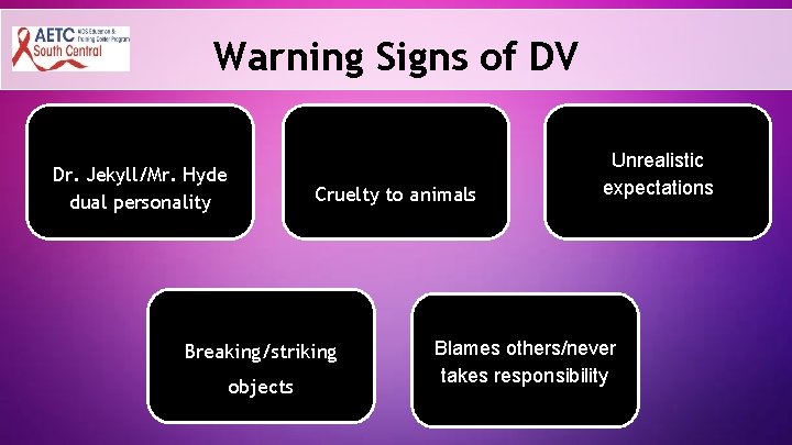 Warning Signs of DV Dr. Jekyll/Mr. Hyde dual personality Cruelty to animals Breaking/striking objects