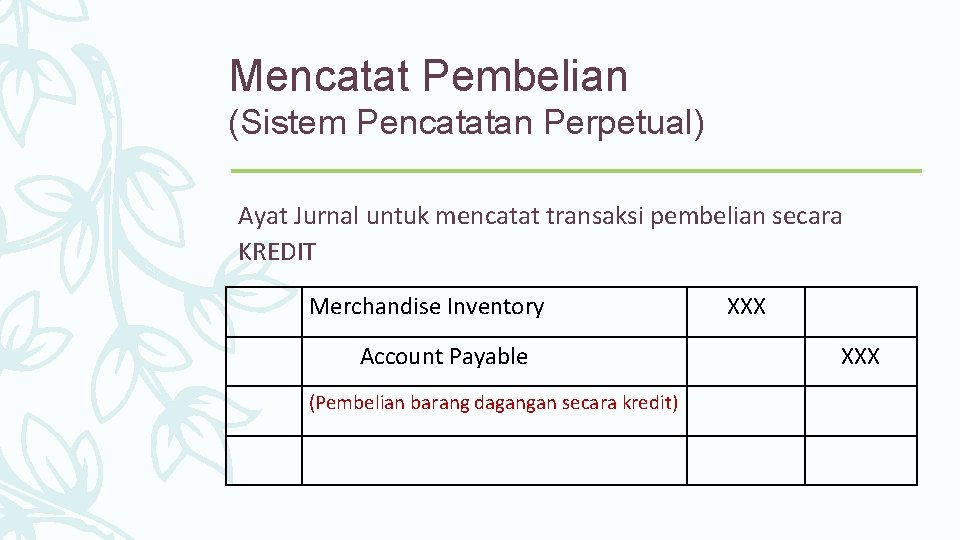 Mencatat Pembelian (Sistem Pencatatan Perpetual) Ayat Jurnal untuk mencatat transaksi pembelian secara KREDIT Merchandise