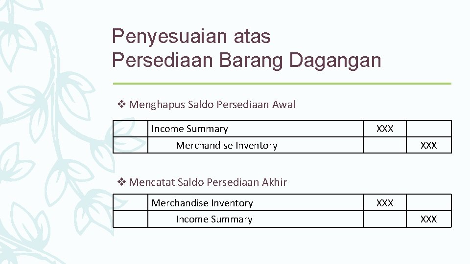 Penyesuaian atas Persediaan Barang Dagangan v Menghapus Saldo Persediaan Awal Income Summary XXX Merchandise