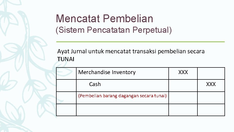 Mencatat Pembelian (Sistem Pencatatan Perpetual) Ayat Jurnal untuk mencatat transaksi pembelian secara TUNAI Merchandise