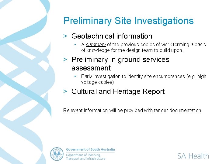 Preliminary Site Investigations > Geotechnical information • A summary of the previous bodies of