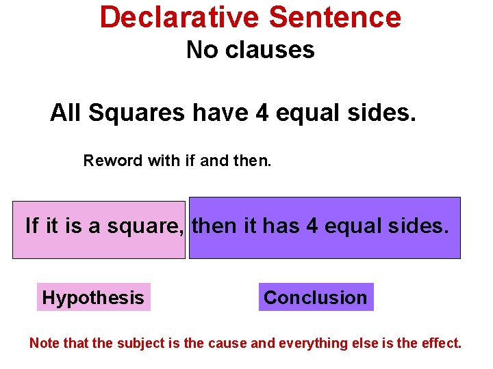 Declarative Sentence No clauses All Squares have 4 equal sides. Reword with if and
