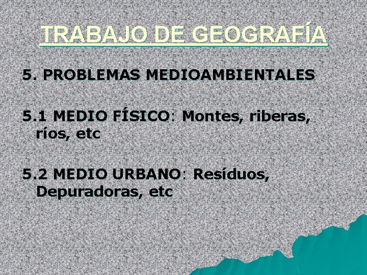 TRABAJO DE GEOGRAFÍA 5. PROBLEMAS MEDIOAMBIENTALES 5. 1 MEDIO FÍSICO: Montes, riberas, ríos, etc