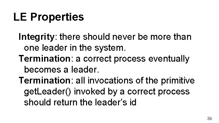 LE Properties Integrity: there should never be more than one leader in the system.