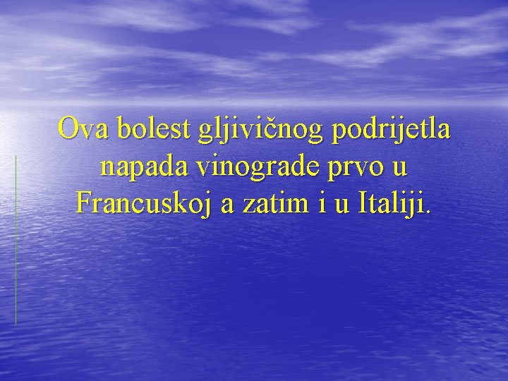 Ova bolest gljivičnog podrijetla napada vinograde prvo u Francuskoj a zatim i u Italiji.