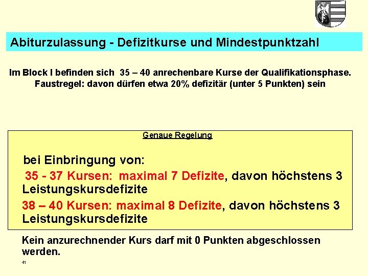 Abiturzulassung - Defizitkurse und Mindestpunktzahl Im Block I befinden sich 35 – 40 anrechenbare