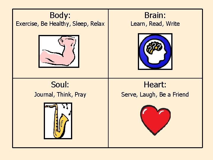 Body: Brain: Exercise, Be Healthy, Sleep, Relax Learn, Read, Write Soul: Heart: Journal, Think,