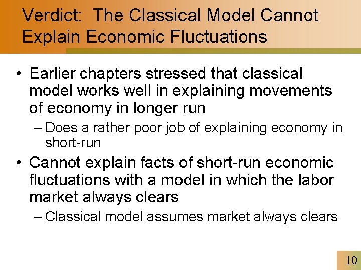 Verdict: The Classical Model Cannot Explain Economic Fluctuations • Earlier chapters stressed that classical