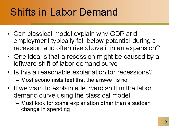 Shifts in Labor Demand • Can classical model explain why GDP and employment typically