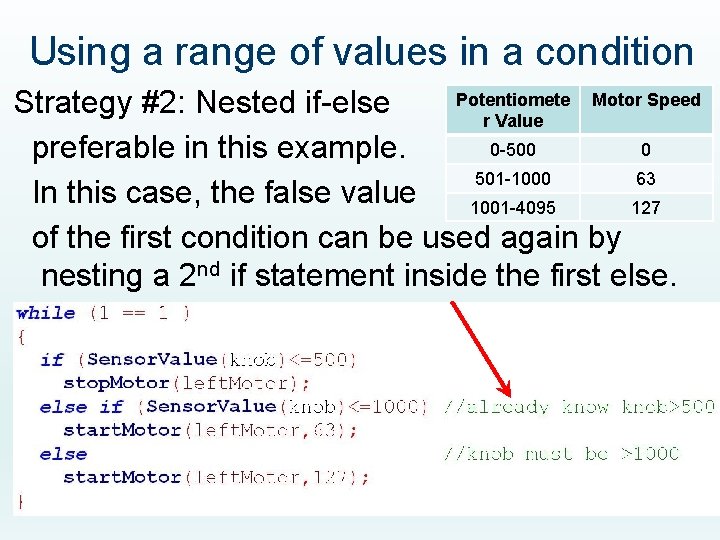 Using a range of values in a condition Potentiomete Motor Speed Strategy #2: Nested Using a range of values in a condition Potentiomete Motor Speed Strategy #2: Nested