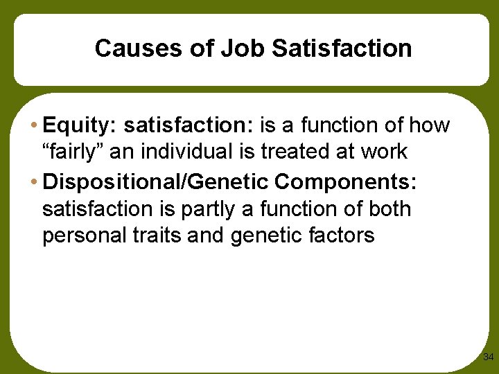 Causes of Job Satisfaction • Equity: satisfaction: is a function of how “fairly” an