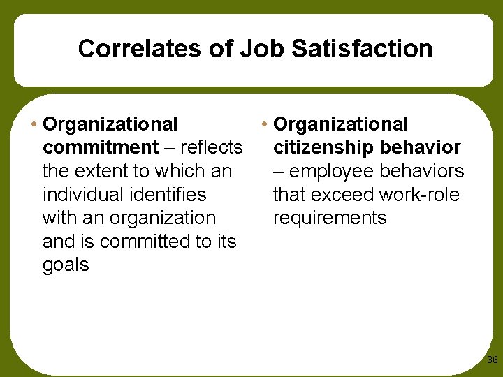 Correlates of Job Satisfaction • Organizational commitment – reflects citizenship behavior the extent to