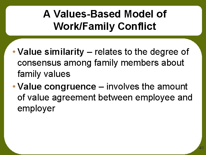 A Values-Based Model of Work/Family Conflict • Value similarity – relates to the degree