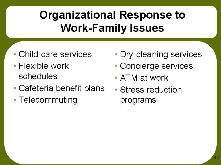 Organizational Response to Work-Family Issues • Child-care services • Flexible work schedules • Cafeteria