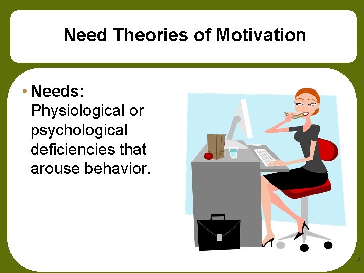 Need Theories of Motivation • Needs: Physiological or psychological deficiencies that arouse behavior. 7