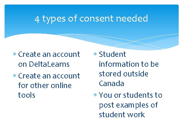 4 types of consent needed Create an account on Delta. Learns Create an account