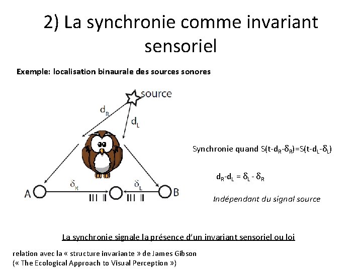 2) La synchronie comme invariant sensoriel Exemple: localisation binaurale des sources sonores Synchronie quand