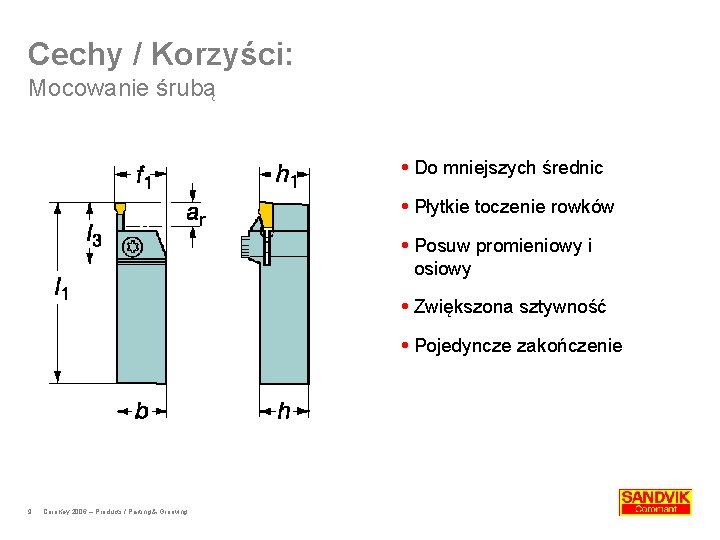 Cechy / Korzyści: Mocowanie śrubą Do mniejszych średnic Płytkie toczenie rowków Posuw promieniowy i