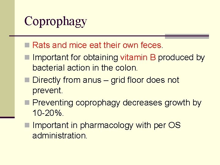 Coprophagy n Rats and mice eat their own feces. n Important for obtaining vitamin