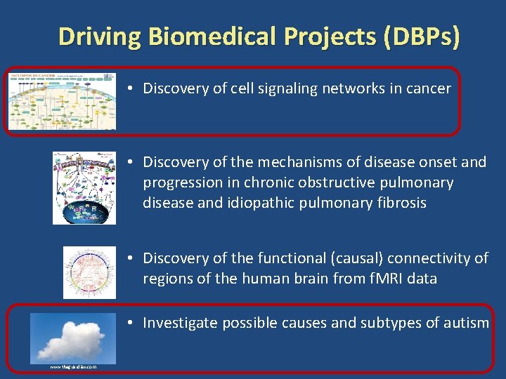 Driving Biomedical Projects (DBPs) • Discovery of cell signaling networks in cancer • Discovery
