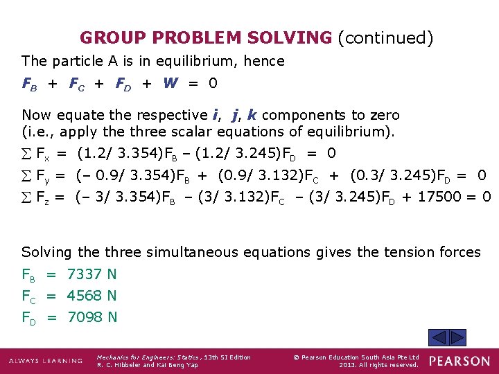 GROUP PROBLEM SOLVING (continued) The particle A is in equilibrium, hence FB + FC