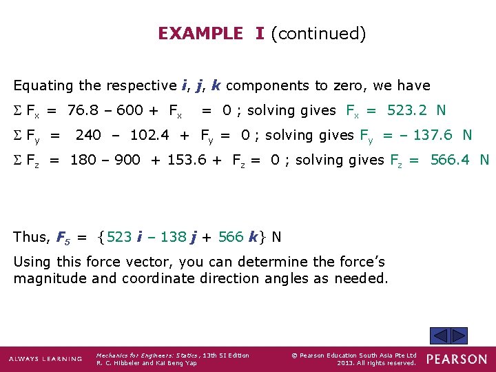 EXAMPLE I (continued) Equating the respective i, j, k components to zero, we have