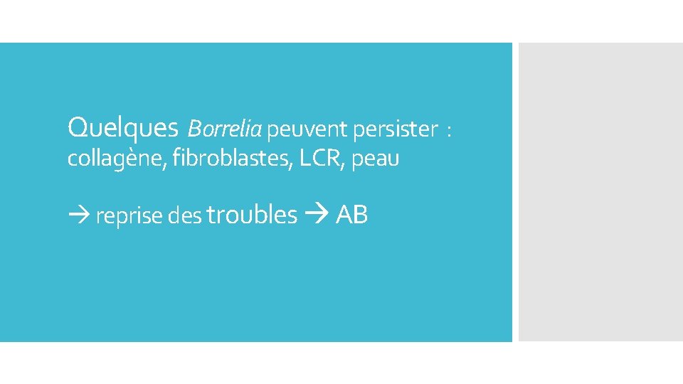 Quelques Borrelia peuvent persister : collagène, fibroblastes, LCR, peau reprise des troubles AB 