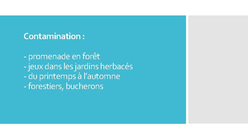 Contamination : - promenade en forêt - jeux dans les jardins herbacés - du