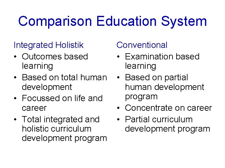 Comparison Education System Integrated Holistik • Outcomes based learning • Based on total human