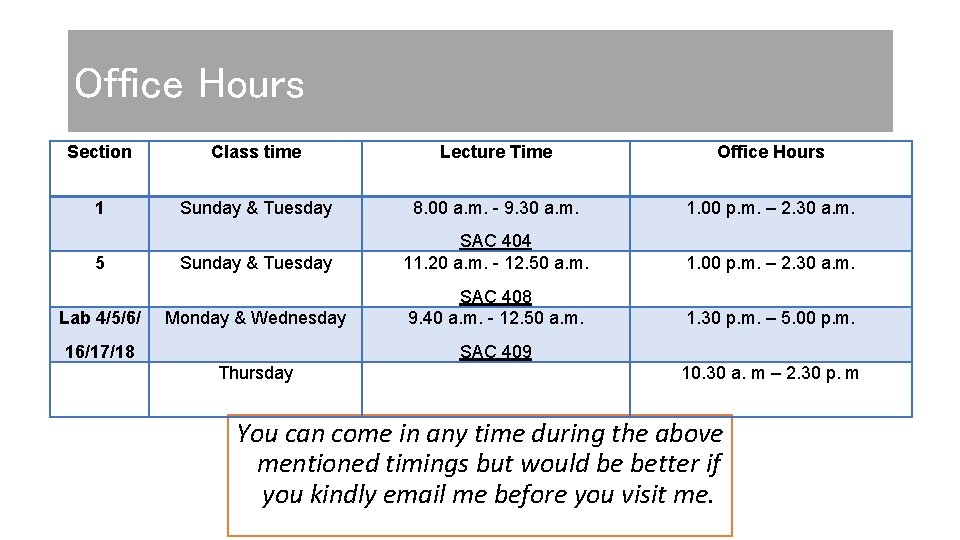 Office Hours Section Class time Lecture Time Office Hours 1 Sunday & Tuesday 8.