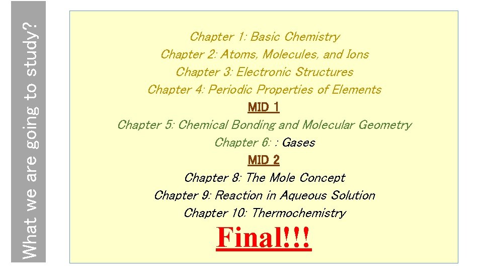 What we are going to study? Chapter 1: Basic Chemistry Chapter 2: Atoms, Molecules,