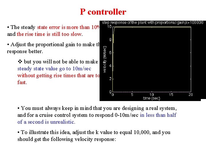 P controller • The steady state error is more than 10%, and the rise