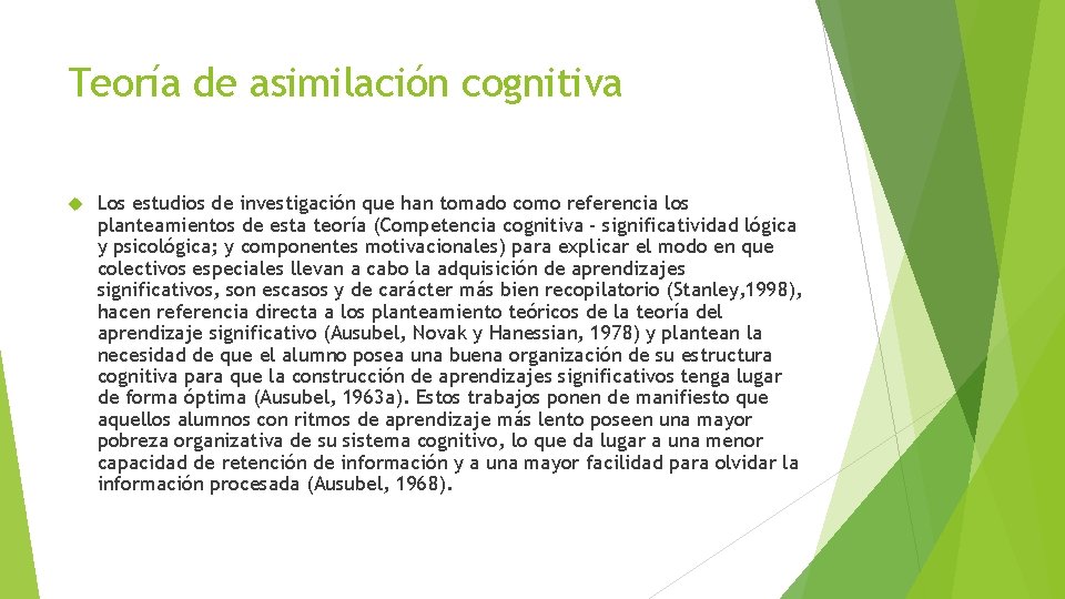 Teoría de asimilación cognitiva Los estudios de investigación que han tomado como referencia los