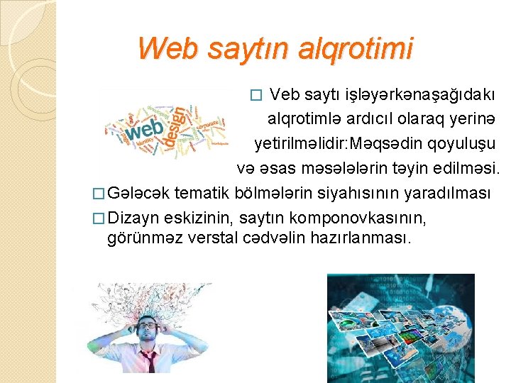 Web saytın alqrotimi � Veb saytı işləyərkənaşağıdakı alqrotimlə ardıcıl olaraq yerinə yetirilməlidir: Məqsədin qoyuluşu