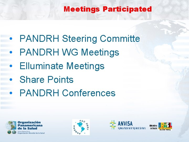 Meetings Participated • • • PANDRH Steering Committe PANDRH WG Meetings Elluminate Meetings Share