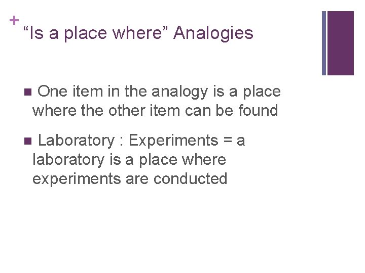 + “Is a place where” Analogies One item in the analogy is a place