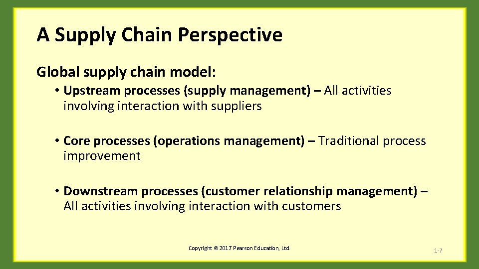 A Supply Chain Perspective Global supply chain model: • Upstream processes (supply management) –