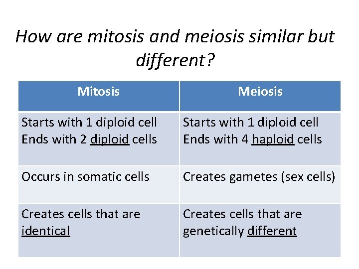 How are mitosis and meiosis similar but different? Mitosis Meiosis Starts with 1 diploid