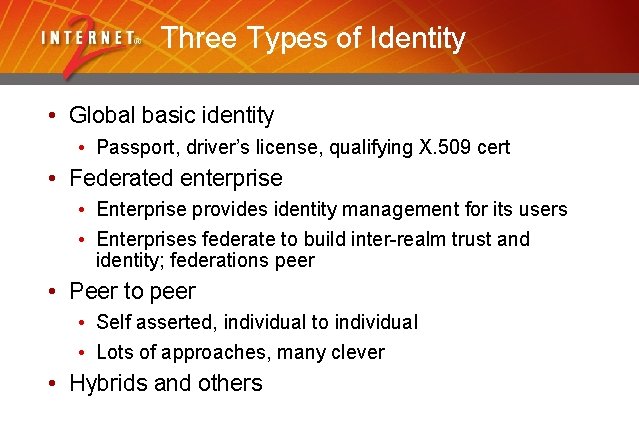 Three Types of Identity • Global basic identity • Passport, driver’s license, qualifying X.