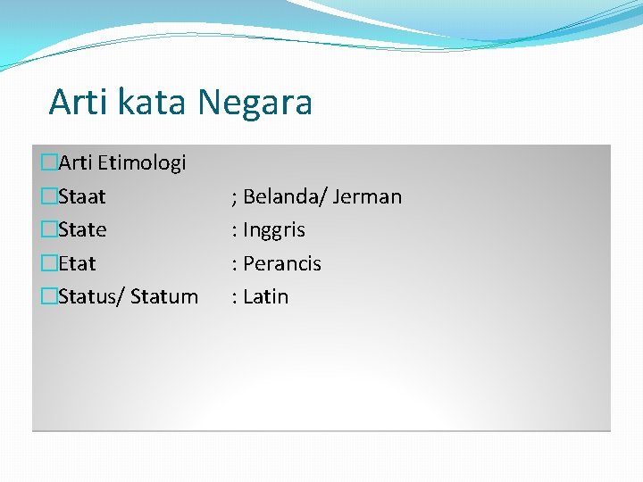 Arti kata Negara �Arti Etimologi �Staat �State �Etat �Status/ Statum ; Belanda/ Jerman :