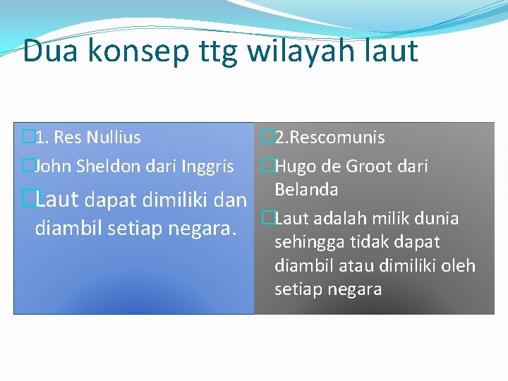 Dua konsep ttg wilayah laut � 2. Rescomunis �Hugo de Groot dari Belanda �Laut