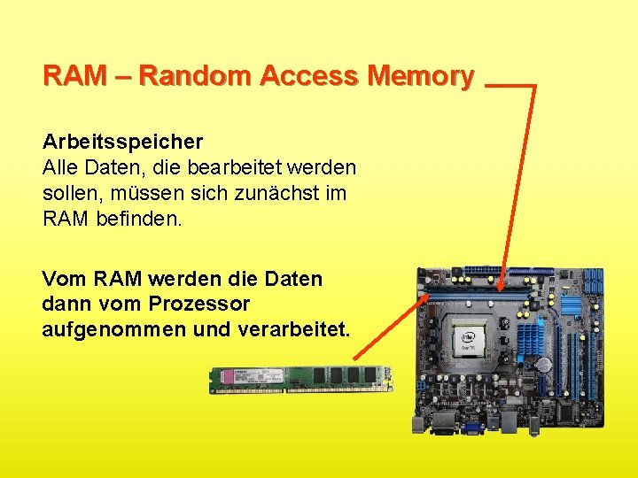 RAM – Random Access Memory Arbeitsspeicher Alle Daten, die bearbeitet werden sollen, müssen sich