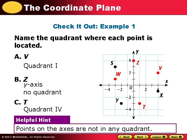 The Coordinate Plane Check It Out: Example 1 Name the quadrant where each point