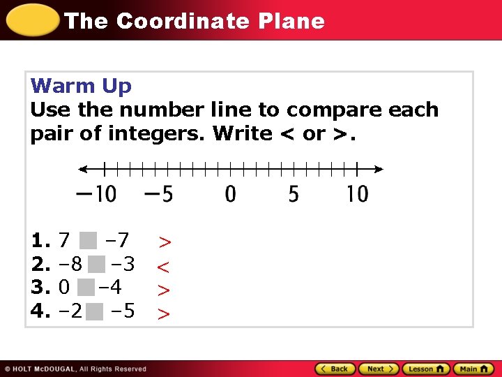 The Coordinate Plane Warm Up Use the number line to compare each pair of