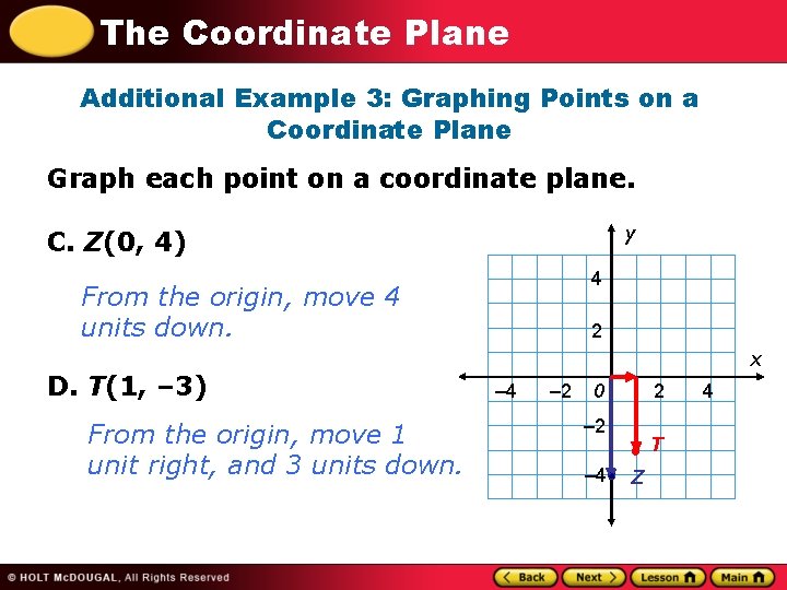 The Coordinate Plane Additional Example 3: Graphing Points on a Coordinate Plane Graph each