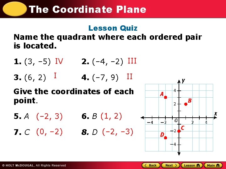 The Coordinate Plane Lesson Quiz Name the quadrant where each ordered pair is located.
