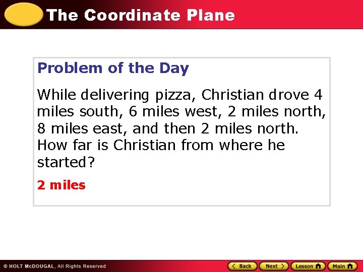 The Coordinate Plane Problem of the Day While delivering pizza, Christian drove 4 miles