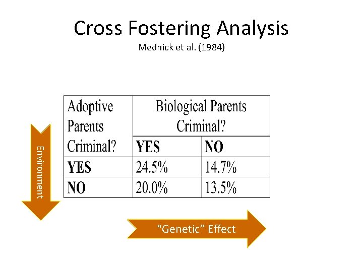 Cross Fostering Analysis Mednick et al. (1984) Environment “Genetic” Effect Cross Fostering Analysis Mednick et al. (1984) Environment “Genetic” Effect