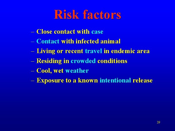 Risk factors – Close contact with case – Contact with infected animal – Living